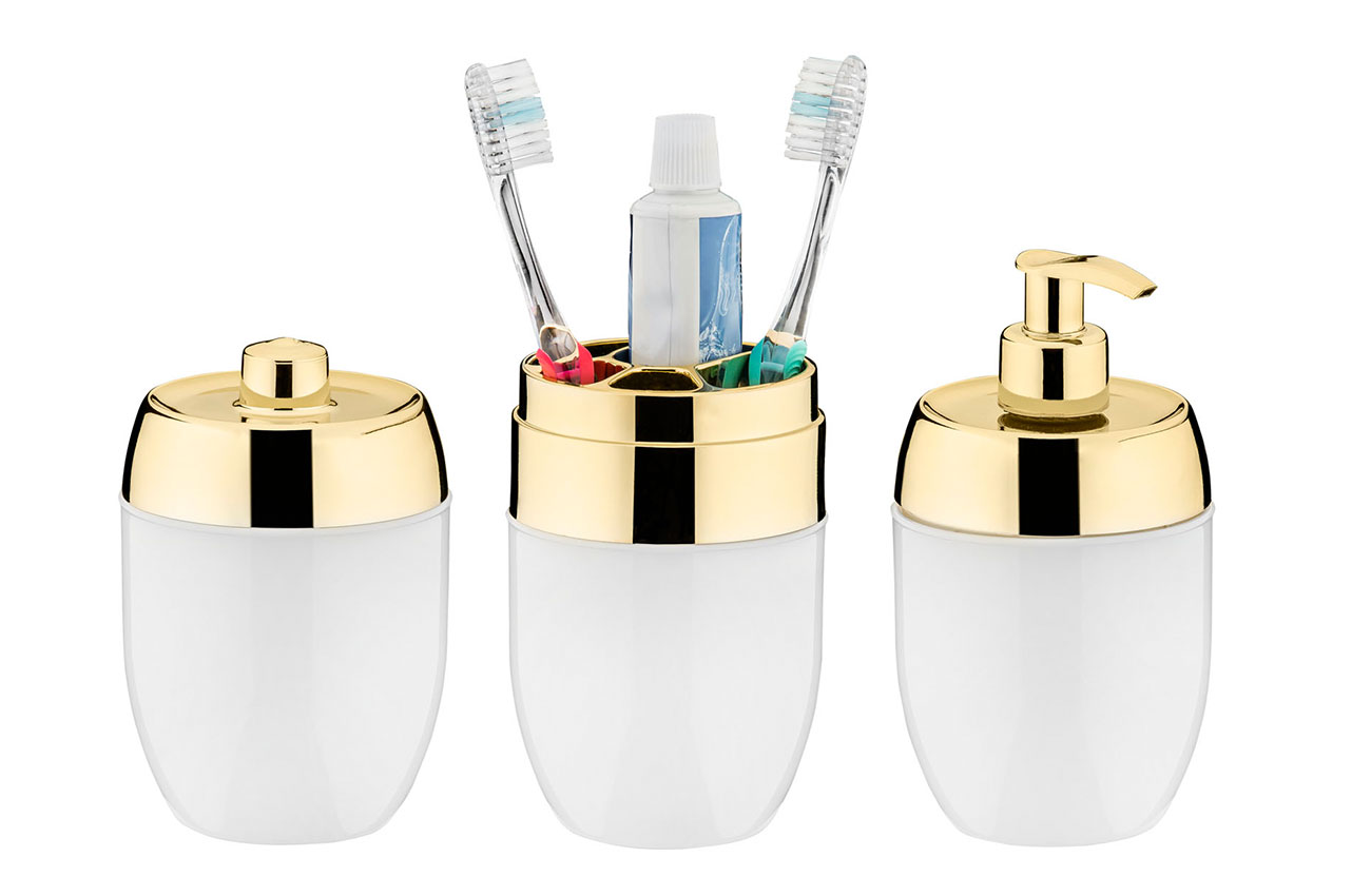 ACESSORIOS P/ LAVABO ACQUASET BRANCO DOURADO - 3 PCS ACESSORIOS P/ LAVABO ACQUASET BRANCO DOURADO - 3 PCS